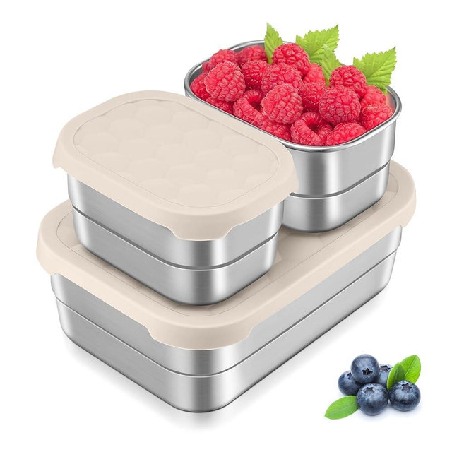 Leonyo 18/10 Stainless Steel Lunch Containers for Kids, Leak Proof Food Snack Containers with Silicone Lids, Metal Toddler Bento Box for School Daycare Picnic, Non-Toxic, Khaki(25oz+8oz*2)