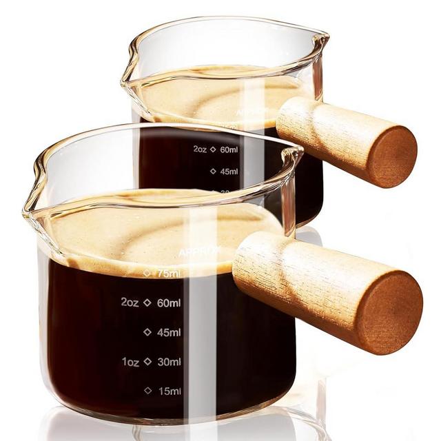 PARACITY Espresso Cups with Wood Handle set of 2, Double Spout Glass Measuring Cup with Dual Scale, Espresso Shot Glass with V-Shaped Mouth, Clear Glass Espresso Accessories 3.52 OZ