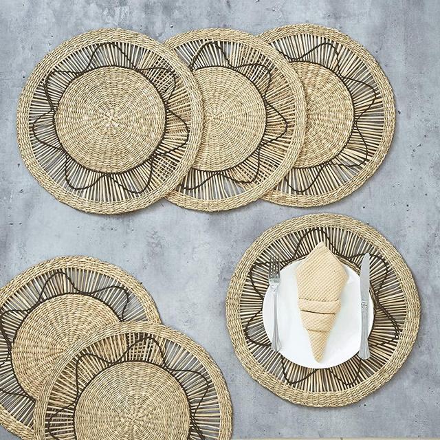 Artera Set of 6 Oversized Round Seagrass Placemat,15" Round, Woven Table Mats, No-Slip Natural Heat Resistant Mats for Table, Coasters, Pots, Pans & Teapots in Kitchen