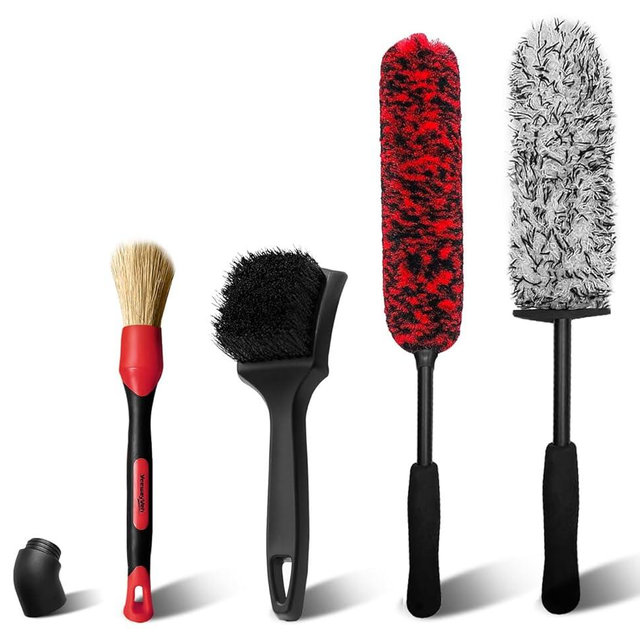YeewayVeh Car Wheel Brush Set, 4 Pack Soft Microfiber & Scratch-Free Long Handle Wheel Tire Brushes with Detailing Brush for Car Vehicle Motorcycle Rim Tyre Fenders Engine Exhaust Tips Car Wash Kit