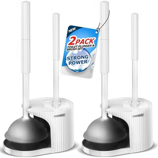 FORASTO 2Pack 2 in 1 Toilet Brush and Plunger Set, Extended Handle Plunger，Toilet Bowl Brush Plunger Set,Bathroom Cleaning Tools ，Toilet Brush Plunger Combo，Cleaning Brush，Cleaning Supplies(White)