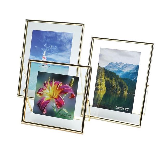 AhaGo Gold Floating Picture Frames, Set of 3 including 6"×6",6"×8",7"×9", Vertical, Metal Glass Frame, Table Use, Classy For Father's Day, Wedding, Home or Office Décor