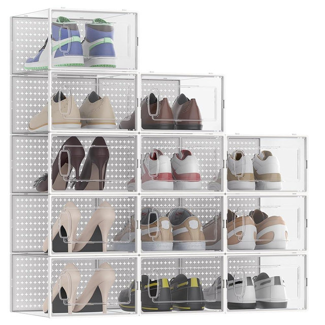 MCIJRJOI 12 Pack X-Large Modular Clear Plastic Stackable Shoe Storage Organizer for Closet, Portable Space Saving Versatile Sneaker Shoe Rack Containers Bins Holders, White0303