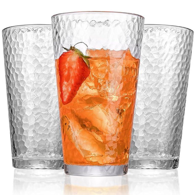 Amyoole Drinking Glasses Set of 8,16oz Clear Highball Water Glasses,Stackable Lead-Free Hammered Glass Cups,Kitchen Drinkware Glassware for Cocktail,Beer,Juice,Iced Tea,Margaritas and Mixed Drinks