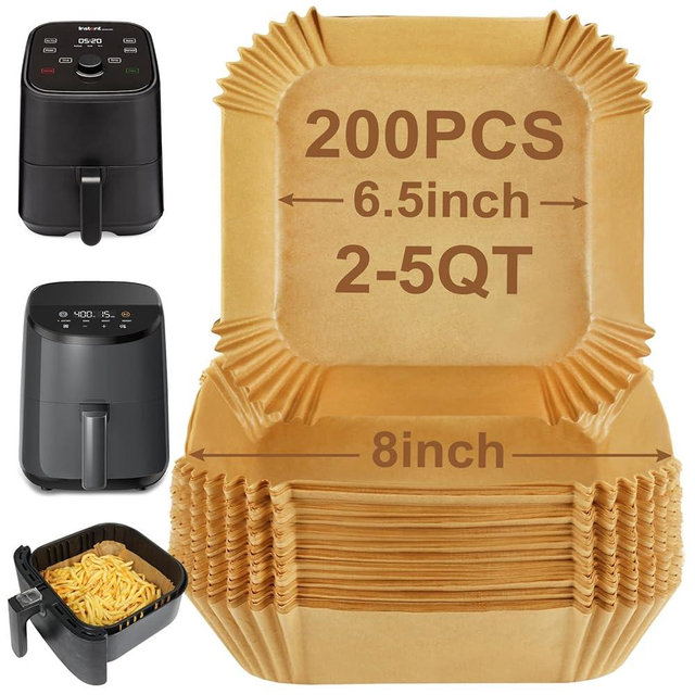 BYKITCHEN Square Air Fryer Disposable Paper Liners for 2 to 5 Qt Basket, Set of 200, Small Air Fryer Liners, 8 Inch Air Fryer Papers Compatible with Cosori, Dash Mini Air Fryer and More
