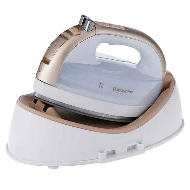 Panasonic 360 Freestyle Cordless Iron - Cordless Steam Iron for Clothes with Ceramic Charging Base, Vertical Steam Irons, Compact Heavy Duty Press Ironing Machine (Gold)