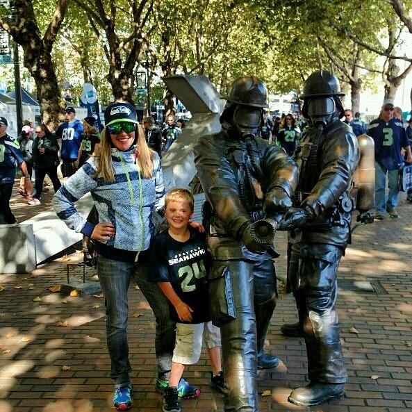 Jenny and Carson, the Nephew, in Seattle before a Seahawks game.