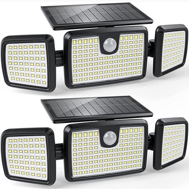 Solar Lights Outdoor, 3 Head Solar Motion Lights Outdoor with 2500LM 218 LEDs High Brightness, Built-in Bigger Tempered Glass Solar Panel, Sensitive PIR Motion Inductor (2-Pack)