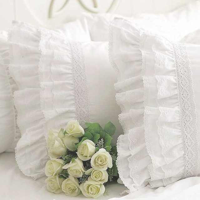 Queen’s House White Embroidery Lace Pillow Cases Cotton Vintage Ruffled Pillow Shams Standard Size Set of 2