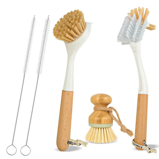 5 Pack Bottle Brush Set with 2 Dish Brush, Palm Scrub Brush and 2 Straw Brush for Kitchen Dishes Bottle Cup Pot Pans and Straws