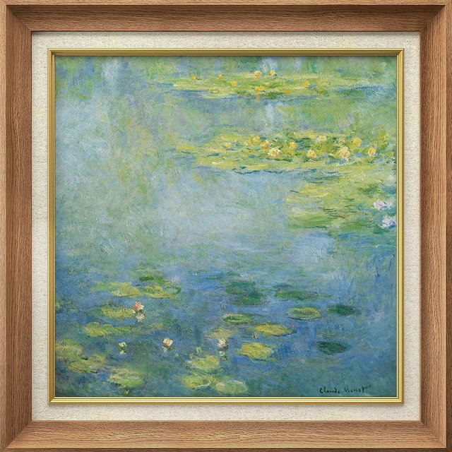 MUDECOR Premium Framed Wall Art Pastel Watercolor Water Lily Pond Claude Monet Classic Vintage Illustrations Fine Art Decorative Retro Historic Zen for Living Room, Bedroom, Office - 26"x26" Natural