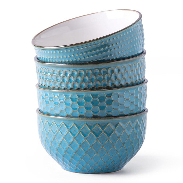 GBHOME Stoneware Cereal Bowls Set for Kitchen, 22 oz Ceramic Soup Bowls with Texture Patterns for Soup, Fruits,Noodle,Chip. Modern Kitchen Bowls House-warming Gift, Set of 4-Cobalt blue