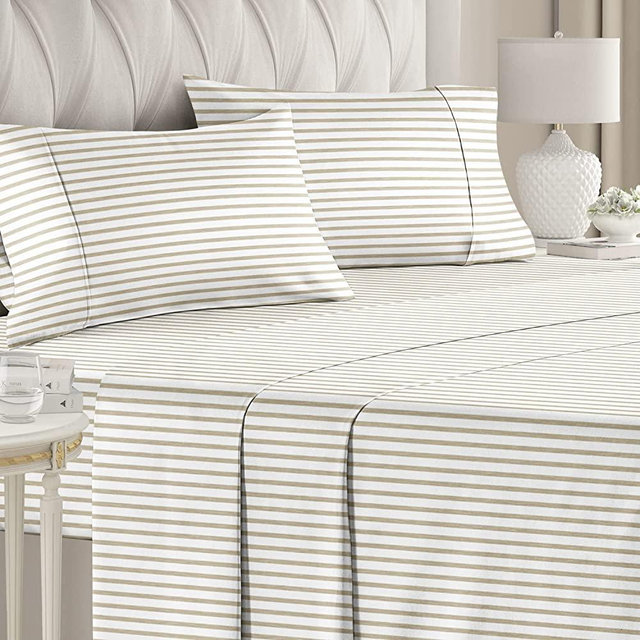 Striped Bed Sheets - Pin Striped Sheets - Beige Sheets - Tan Striped Sheets - Cal King Striped Sheets - Hotel Luxury Bed Sheets - Deep Pockets - 4 Piece Set - Breathable & Cooling