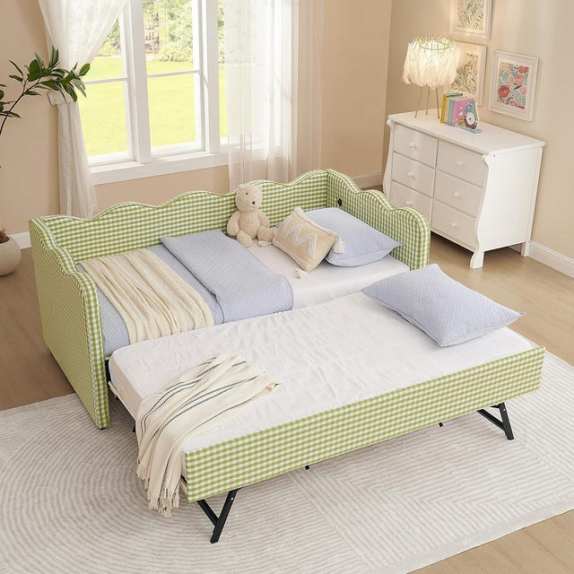 Twin to King Daybed with Trundle, USB Ports Soft Upholstered Daybed with Pop Up Trundle Bed Twin , Modern Extendable Day Bed Frame for Girls Bedroom Living Room Guest Room Small Places Sage Green