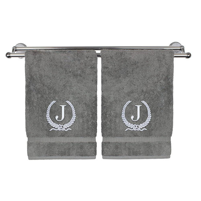 Monogrammed Hand Towel, Personalized Gift, 16 x 30 Inches - Silver Letter Embroidered with Wreath Design on Gray Towel - Extra Absorbent - 100% Turkish Cotton - Soft Terry Finish - Initial J