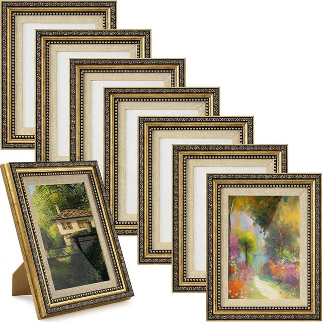 Bucherry 5 x 7 Vintage Gold Picture Frame Bulk Set of 8, Tabletop Display Plastic Ornate Antique Photo Frames with Glass, Vintage Gold Decor for Photos Pictures Poster Table Desk Display