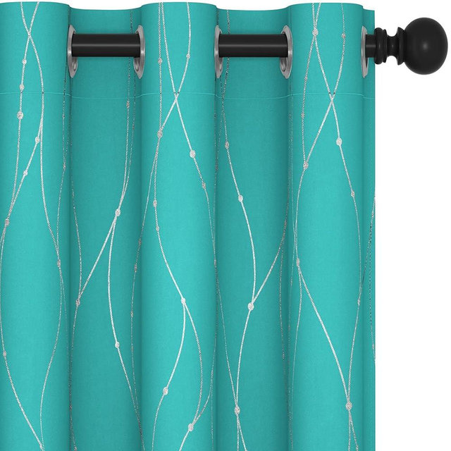 Deconovo Blackout Curtains - Silver Wave Dots Print, Thermal Insulated, Noise Reducing, Privacy Drapes for Bedroom & Living Room (38W x 45L Inch, Turquoise/Silver, 2 Panels)