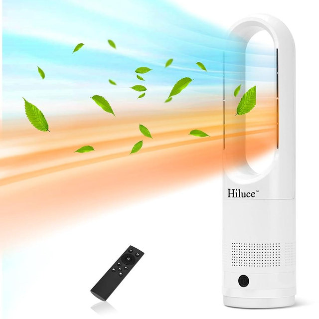 Hiluce Oscillating All Season Bladeless Fan, 1400W Space Heater & 40W Cooler Fan Combo with Remote,Installation Free Quiet Fan,Tip-Over Switch80°Oscillating, 8 Speeds, 9H Timer,22 inch