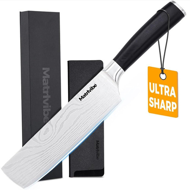 MATRLVIBE Nakiri Knife - 7” Razor Sharp Chef Knife,High Carbon Steel Multipurpose Japanese Kitchen Knife for Meat Cleaver and Vegetable Chopping with Premium Pakkawood Handle, Gift box and Sheath
