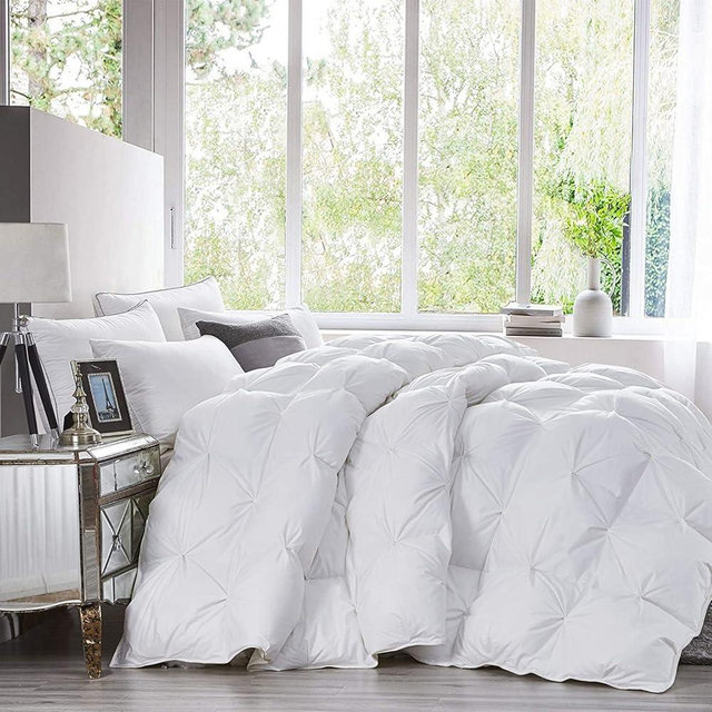 Luxurious King Size Goose Down Feather Fiber Comforter Duvet Insert, 100% Egyptian Cotton Cover, 70 oz. Fill Weight Comforter (King, White Pinch Pleat)