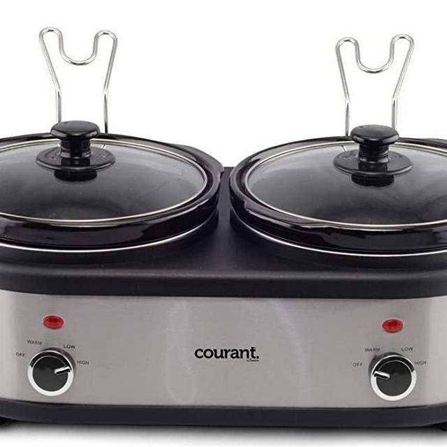 Courant Double Slow Cooker 2.5 Quart Crock each, 5.0 Quart Total Pots, with Individual Easy Cooking Options, Dishwasher Safe Stainproof Stoneware Pots and Glass Lids, Stainless Steel