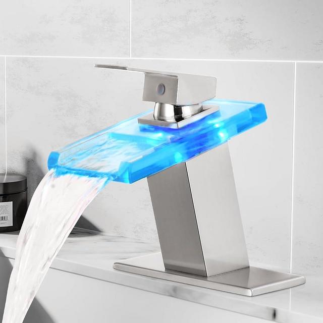 Qomolangma LED Waterfall Bathroom Faucet, Nickel Modern Single Handle Bathroom Faucets for 1/3 Hole Sink, Rv Lavatory Vessel Vanity Mixer Tap w/Deck, Hoses & Light Color Changing Glass Spout