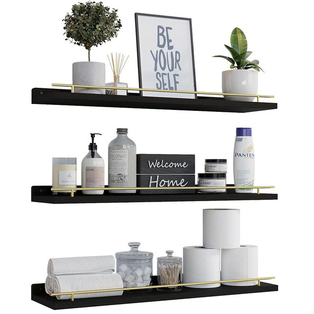 WOPITUES Floating Shelves 24 inch with Gold Metal Guardrail, Shelves for Wall Decor Set of 3, Wall Shelves for Bedroom, Bathroom, Kitchen, Living Room, Plants, Picture Frames, Art- Black and Gold