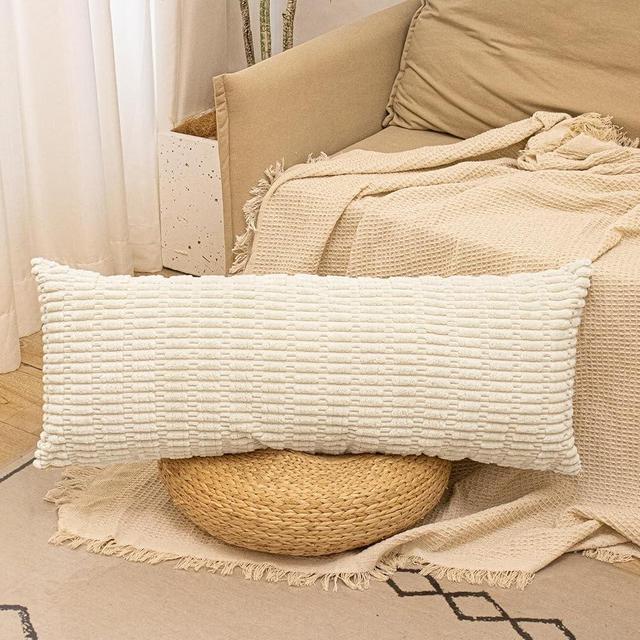 JoraLion Corduroy Lumbar Pillow Cover 14 x 36 inch, Neutral Beige Decorative Chic Cozy Long Pillow Cover Soft Luxurious Pillow Case Home Decor for Sofa Bed Room Livingroom, ONLY 1 Cover