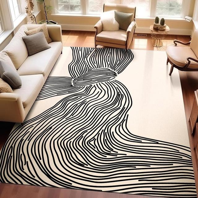 SunNewt Stain Resistant Washable Area Rug 6x9 Living Room Large Rugs Soft Faux Wool Non-Shedding Low-Pile Floor Carpet for Dining Laundry Room Bedroom Bed Side, Contemporary Striped