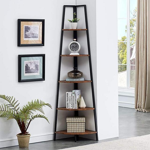 O&K FURNITURE Industrial Tall Corner Bookshelf, 5 Tier Corner Display Unit Shelves, Brown Finish