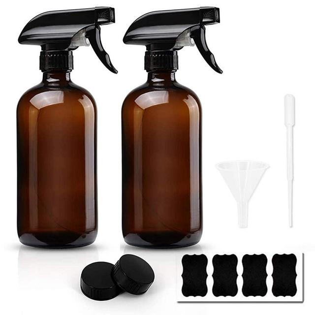 Glass Spray Bottles Empty 16oz Boston Round Bottle Refillable Container for Essential Oils with Funnel Lables Cleaning Products Aromatherapy Lotions Liquid Soaps