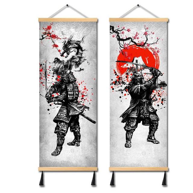 MBOUFOEY 2 Pieces Vintage Style Ancient Japan Warrior Dragon and Fuji Mountain Canvas Samurai Wall Art Print Poster Black And White Artwork Ready To Hang Home Decorations 12"x32"x2pcs