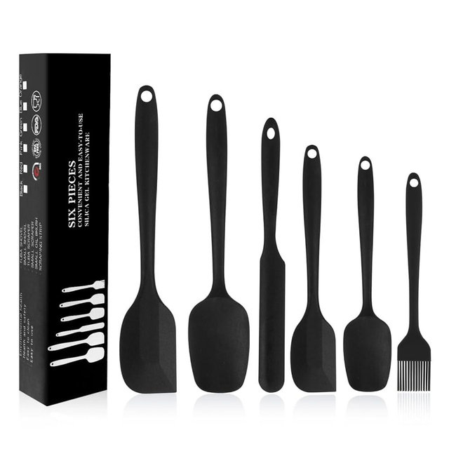 Silicone Spatulas Set of 6, Rubber Spoon Spatula Heat Resistant Spoonula One Piece Design Seamless Spatula Non-Stick Scrapers Baking Mixing Tool (Black)