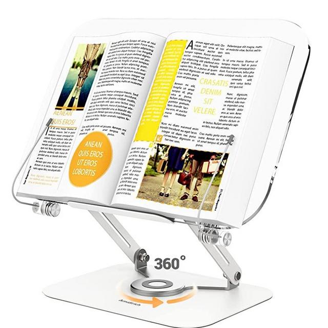 Acrylic Book Stand for Reading, Amasrich Adjustable Holder with 360° Rotating Base & Page Clips, Foldable Desktop Ricer for displaying Cookbook, Sheet Music,Laptop,Recipe,Textbook,Hands Free,Aluminium