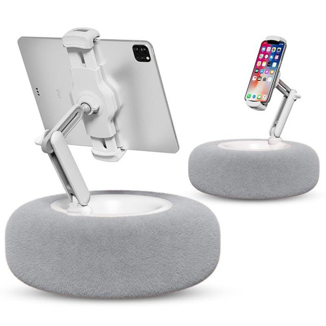 Viozon Tablet Stand with Pillow, Compatible with 4.7"-13" Phone/Tablet, iPad, iPhone, Samsung, Google, Kindle, 360°Adjustable Phone Holder for Bed with Soft Plush Fabric, and Detachable Bowl, Grey