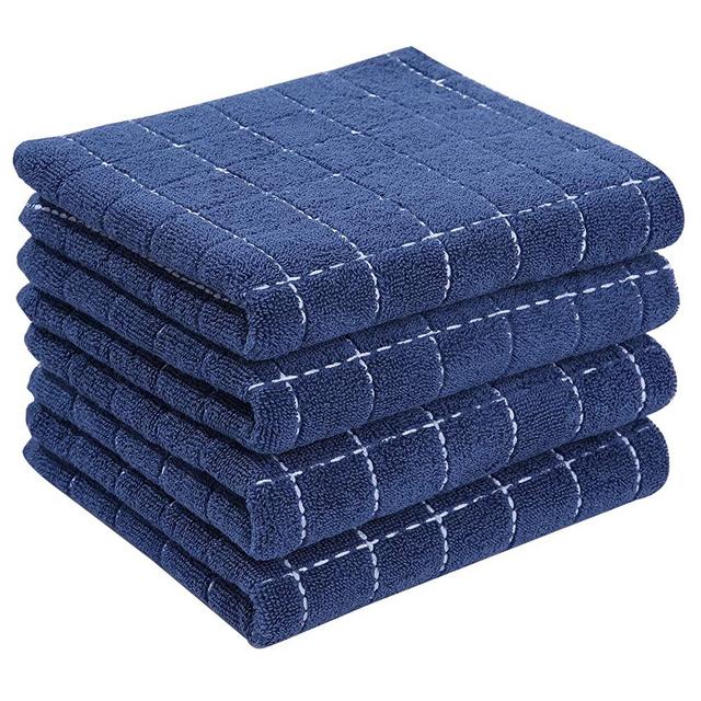 Homaxy 100% Cotton Terry Kitchen Towels(Navy Blue, 13 x 28 inches), Checkered Designed, Soft and Super Absorbent Dish Towel, 4 Pack