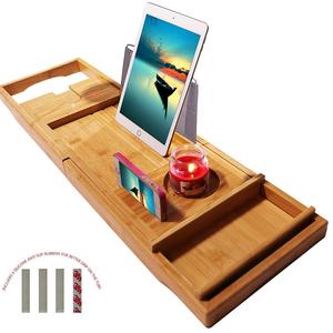 Adorn Home Essentials ADORN Bamboo Bathtub Caddy Bath Tub Tray | Waterproof/Washable Bath Pillow with Suction Cup | Natural color | Expands up to 43"