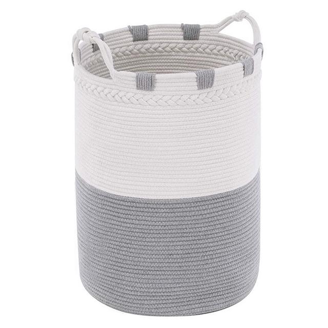 YOUDENOVA Tall Laundry Hamper- Large Cotton Rope Hamper with Handles, Woven Storage Basket for Clothes, Toys, Decorative Organizer in Living Room, Grey and White 15.75W x 21.65H inches