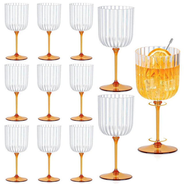 12 PCS Plastic Ribbed Wine Glasses 11oz Clear and Amber Detachable Wine Goblet Unbreakable Vintage Ripple Water Goblets Cocktail Drinking Cups for Parties Weddings Poolside Outdoors