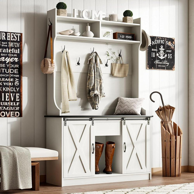 4ever2buy Hall Tree with Bench and Shoe Storage, 5-in-1 Entryway Bench with Coat Rack, Entryway Hall Tree with Adjustable Shelf, White