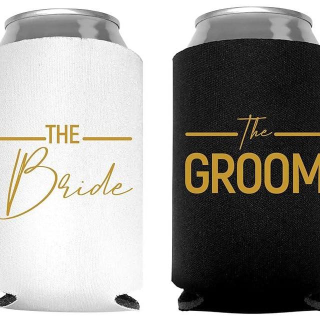 Bride and Groom Can Coolers, 1 White and 1 Black Beer Can Coolies, Cute Wedding Gifts, Novelty Can Cooler, Perfect Engagement, Bridal Shower Gift