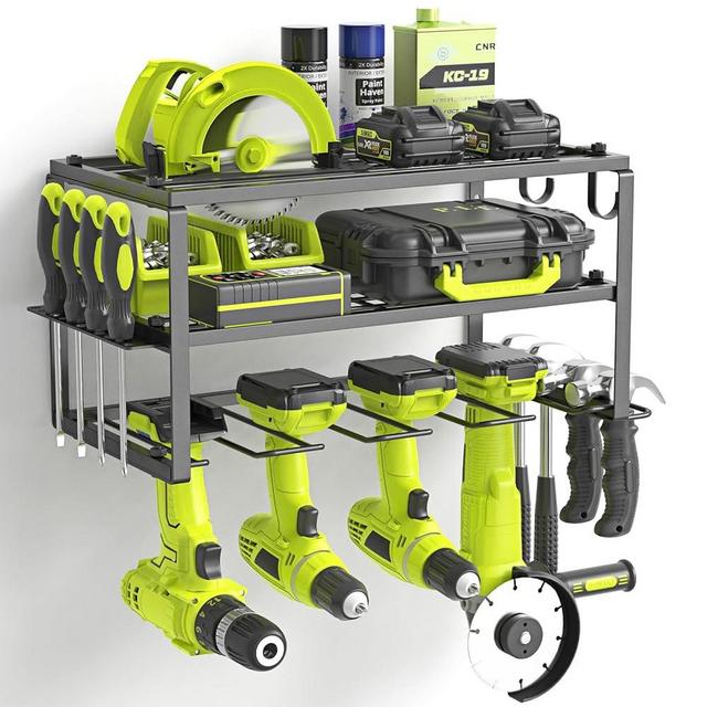 SUNALLY Power Tool Organizer, Power Drill Tool Holder, Heavy Duty Tool Shelf, 3 Layers Tool Rack Cordless Drill Holder, Floating Tool Shelf Wall Mounted Tool Storage Rack with 4 Drill Holders