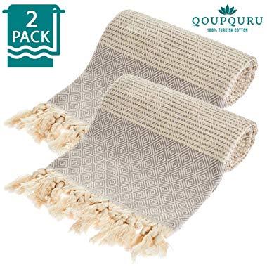 QoupQuru Turkish Beach Towels – 2 Pack Peshtemal Towel Set – 100% Turkish Cotton – Light Weight, Absorbent & Easy Dry – Oversized 40X70 Vintage Collection (Grey)