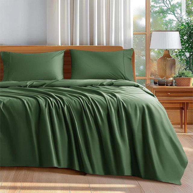 Shilucheng 100% Cotton Queen Size Sheets Set - 600 Thread Count，Luxury Egyptian Cotton Bed Sheets，5-Star Hotel Quality Sheets, Breathable & Cooling, 16 Inch Deep Pocket - 4 Piece (Olive, Queen)