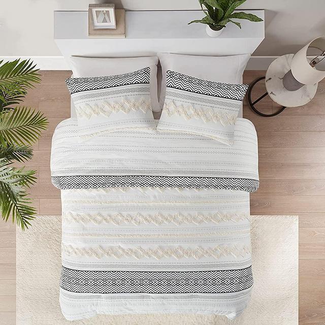 Boho Bedding Comforter Sets, Ivory Full/Queen Farmhouse Bedding Set ,Cotton Top with Modern Neutral Style Clipped Jacquard Stripes, 3-Pieces Including Matching Pillow Shams (90x90 Inches)
