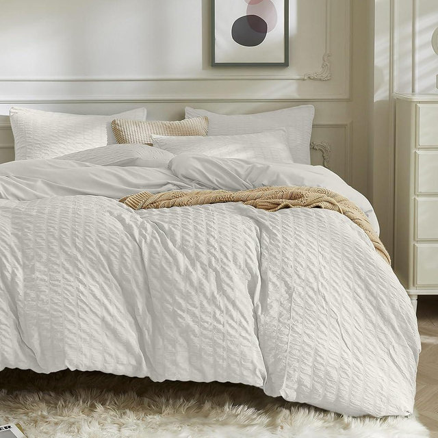 JELLYMONI Beige Duvet Cover King Size, 3pcs Washed Microfiber Bedding Set, Soft Breathable Seersucker Duvet Cover Set with Zipper Closure and Corner Ties for All Seasons