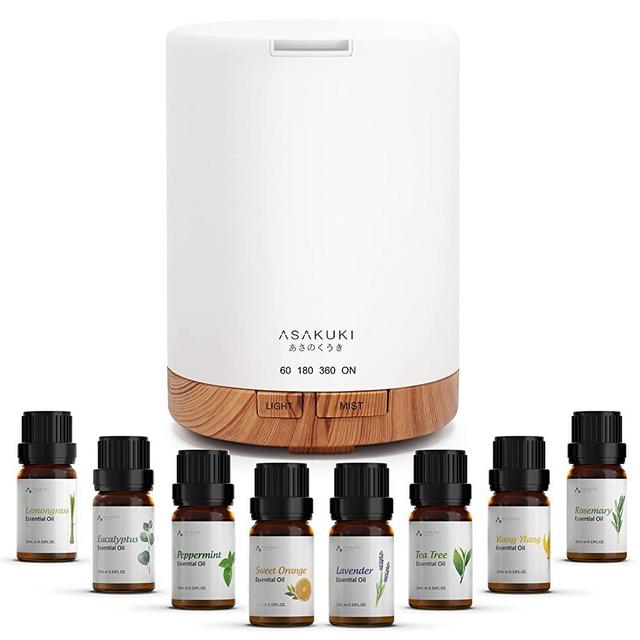 ASAKUKI Essential Oil Diffuser with Essential Oils Set, 300ml Aromatherapy Diffuser & Top 8 Essential Oils, Cool Mist Home Humidifier with with 7 LED Color Changing Light and Auto-Off Safety Switch