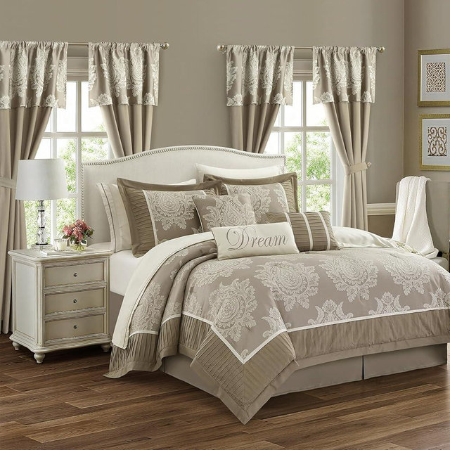 LANCO MODERN LIFESTYLE Beige Queen Comforter Set, 15 Pieces, Damask Jacquard Woven, Bedding Set with Sheets, Room in a Bag, Comforter, Bed Skirt, Pillow Shams and Decor Pillows, Curtains