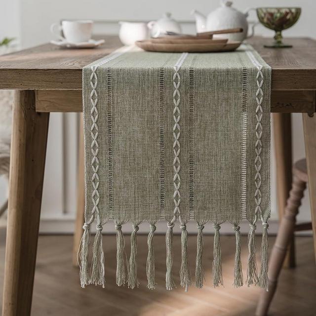 ZAIIVE Geometric Patterned Table Runner with Tassels ,Rustic Table Runners 72 Inches Long for Dresser Home Dining Table Decor (Sage Green, 12x72'')