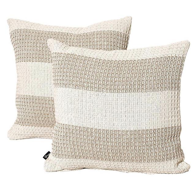 Chardin home Waffle Stripe Boho Pillow Cover, Handwoven Decorative Throw Pillow (Set of 2). Soft Warm Cotton Woven Square Pillow Covers for Couch Sofa Bedroom, Size: 18”x18”, Color: Beige/Off White